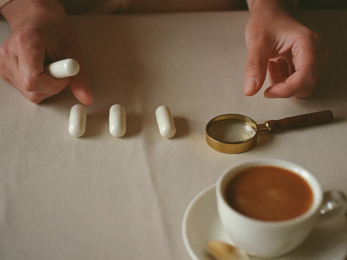 Hands lining up three capsules next to a magnifying glass and a cup of coffee