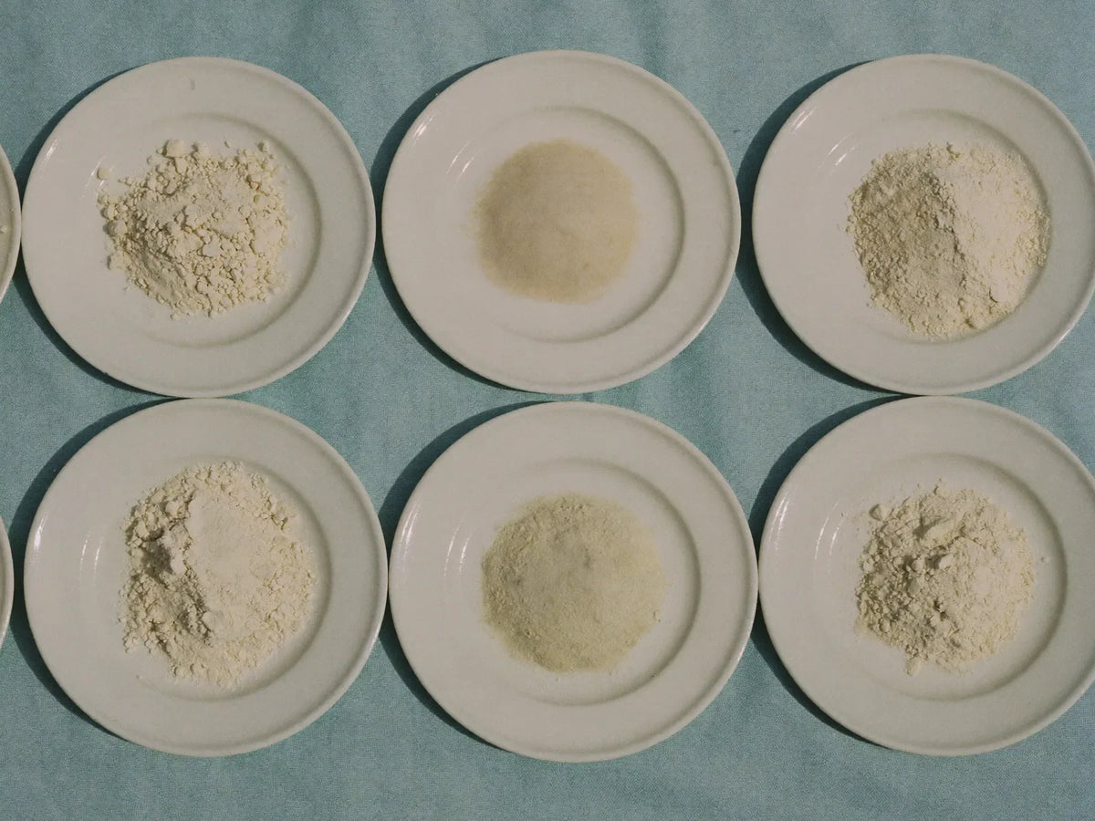 Overhead view of white dishes holding different mineral powders on pale blue linen