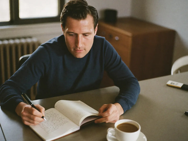 Man at a kitchen table writing notes in a notebook beside a coffee