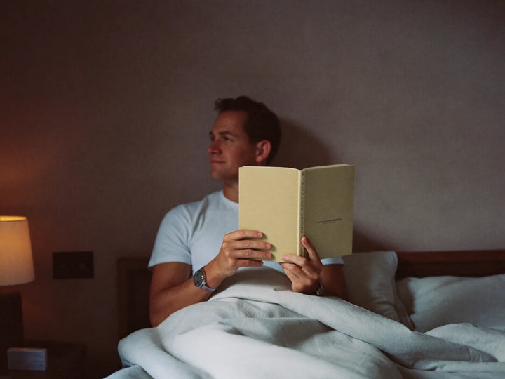 Man sitting up in bed at night holding a book by a warm bedside lamp