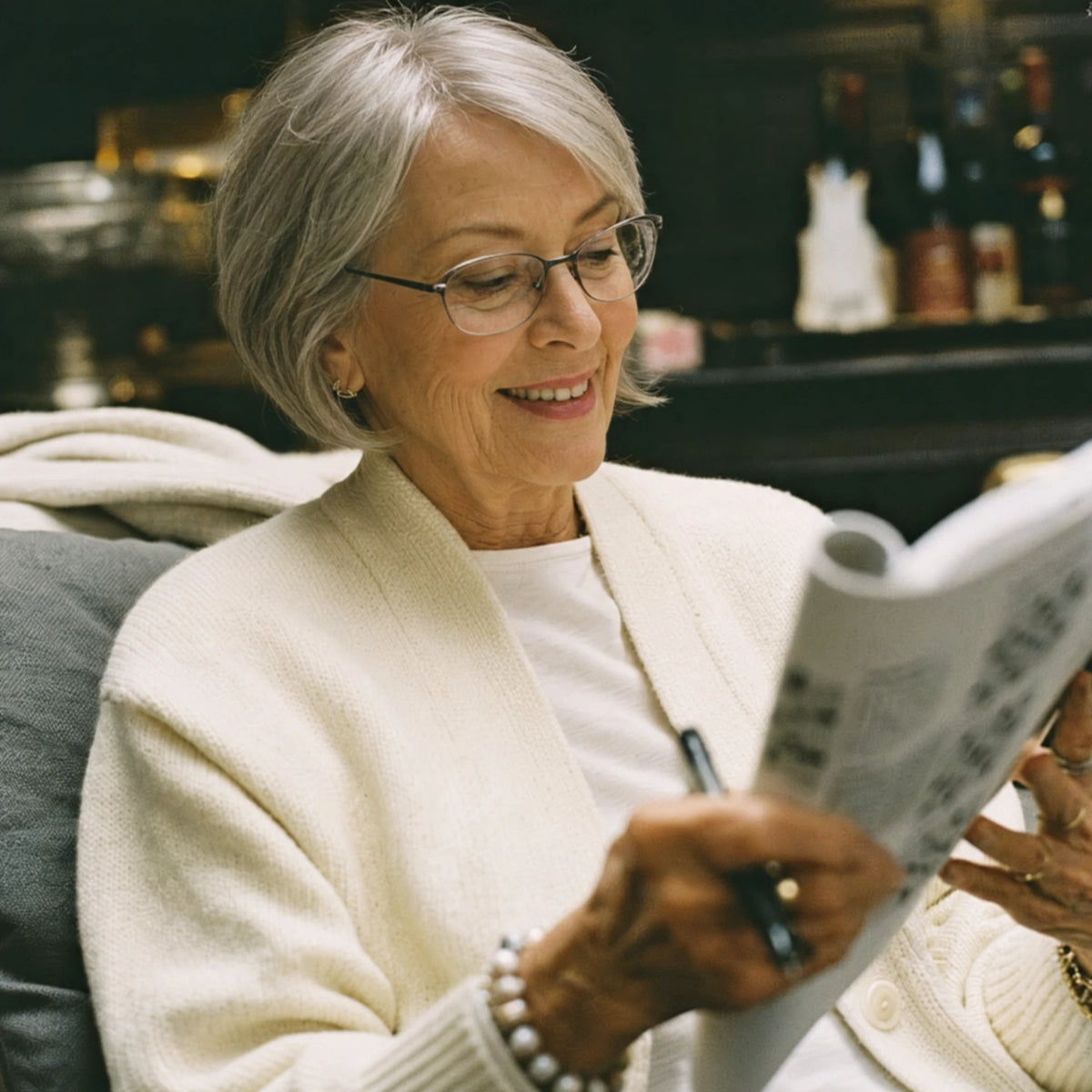 Woman with grey hair smiling while reading in an armchair