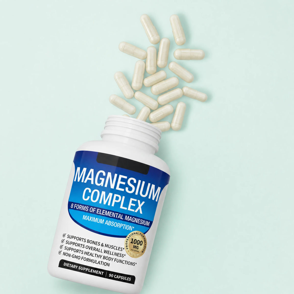 Alurevia Magnesium Complex bottle with veggie capsules spilling out