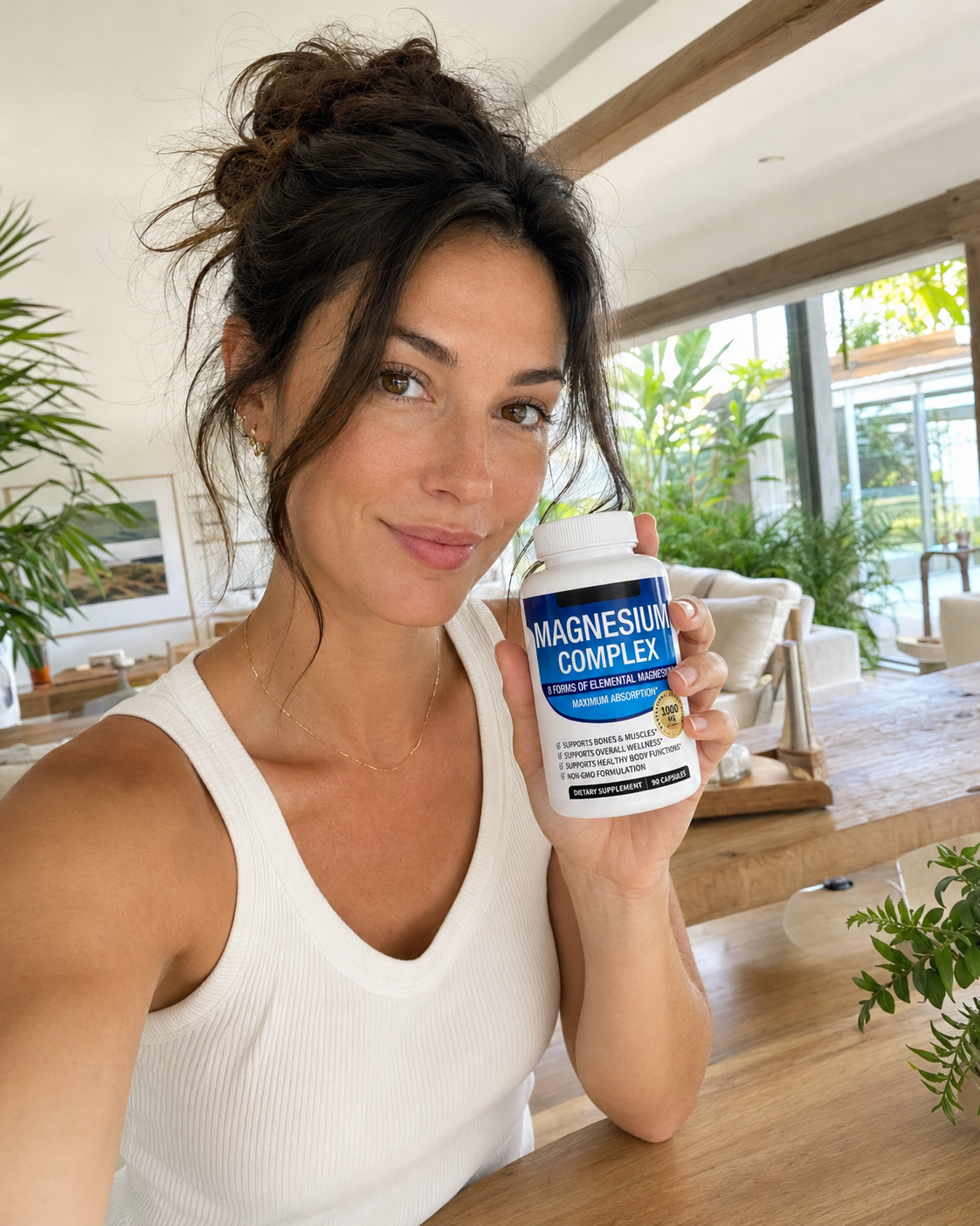 Woman holding Alurevia Magnesium Complex in a bright home setting